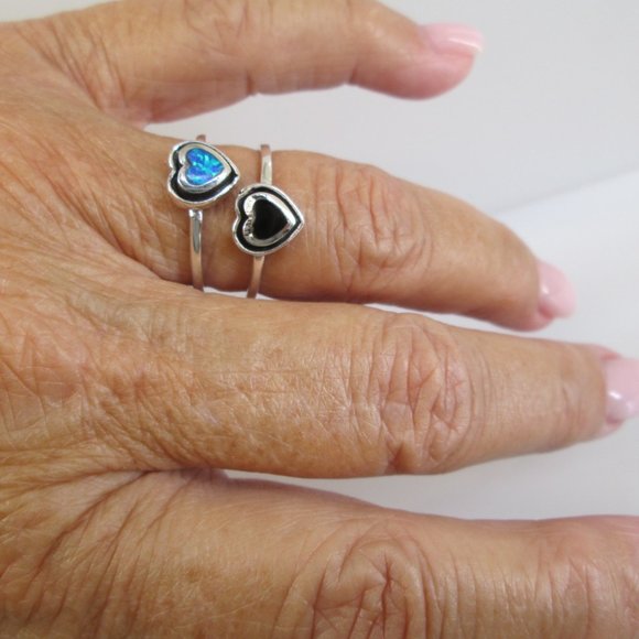 Dainty Heart Rings>Choice of Black Onyx or Blue Opal>925 Sterling Silver ring - Picture 6 of 6